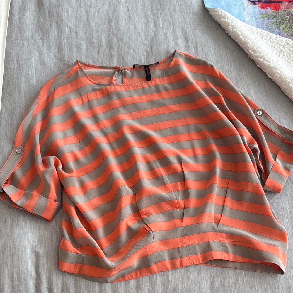 BCBGMaxAzria Orange and Gray Striped Blouse